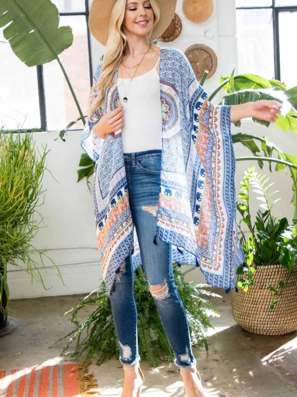 Boho Blue Elephant Printed Kimono Wrap.